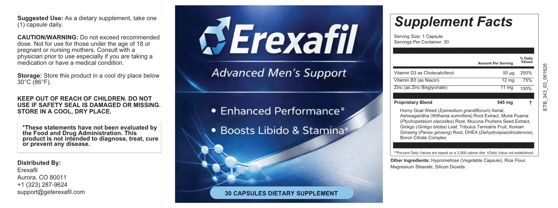 Erexafil daily wellness supplement facts and ingredient label